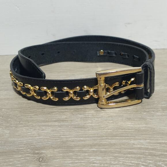 Omega Genuine Bonded Black Leather Belt with Gold X Trim and Buckle Size Medium - Picture 1 of 9